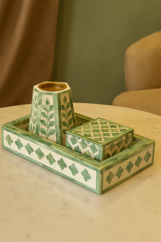 Handcrafted Green Bone Inlay Decorative Tray Set with Candle Stand & Keepsake Box