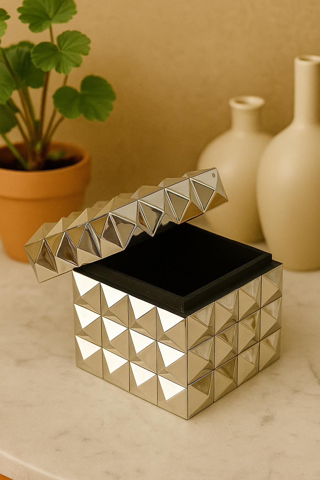 Luxury Cube-Shaped Decorative Box in Mirrored Silver Finish with Geometric Stud Design – Modern Storage Organizer & Home Accent