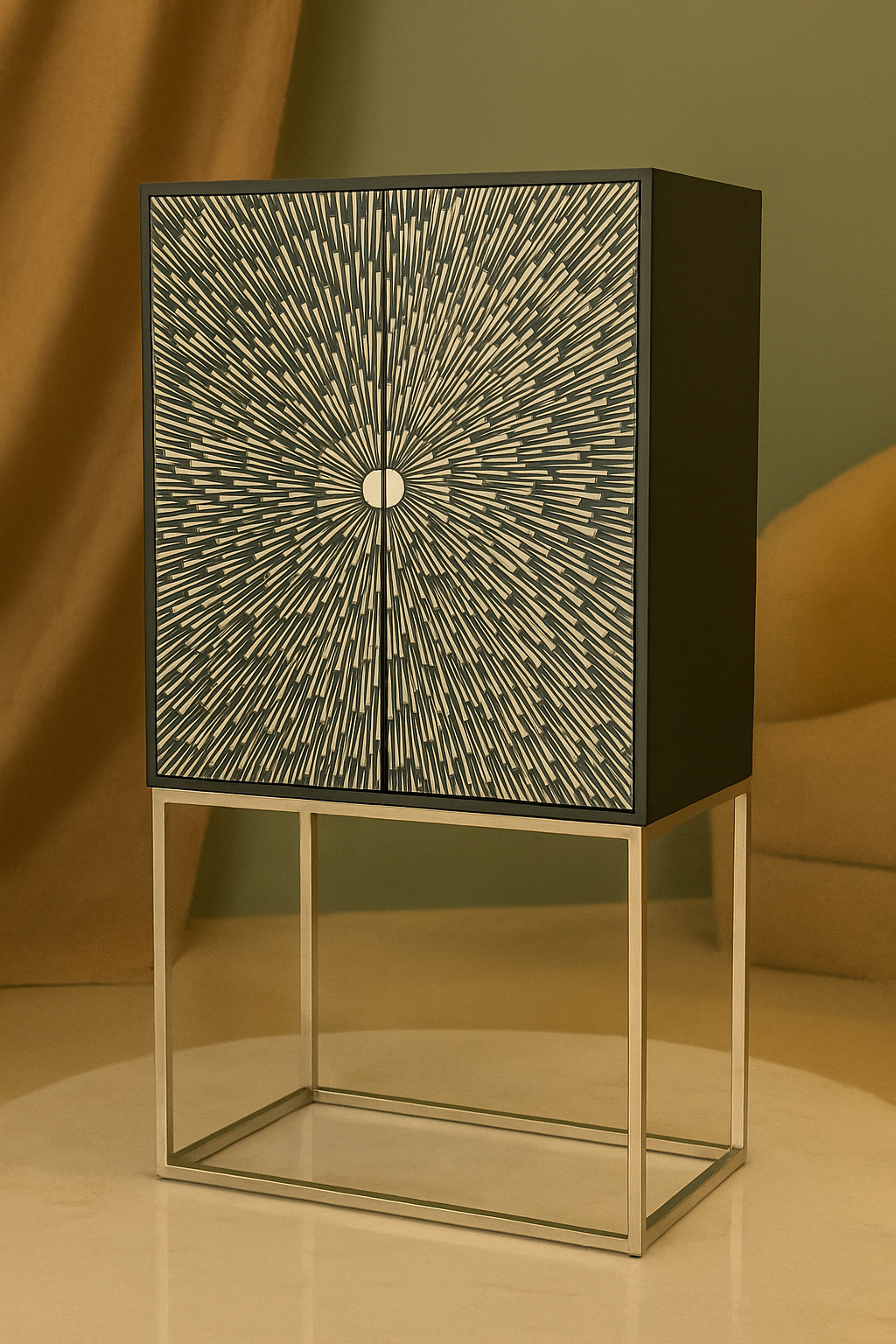 Designer Sunburst Bone Inlay Cabinet with Modern Metal Base – Luxury Storage & Bar Unit