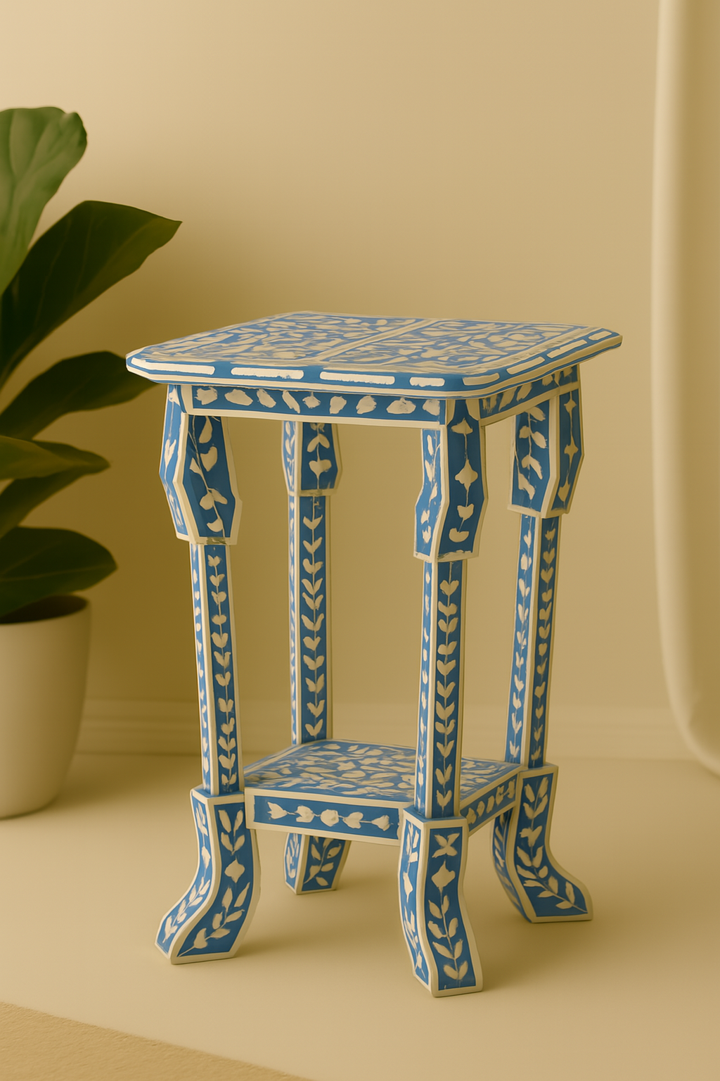 Elegant Blue Bone Inlay Side Table – Boho Accent Piece, Plant Stand & Decorative Home Storage for Modern Interiors