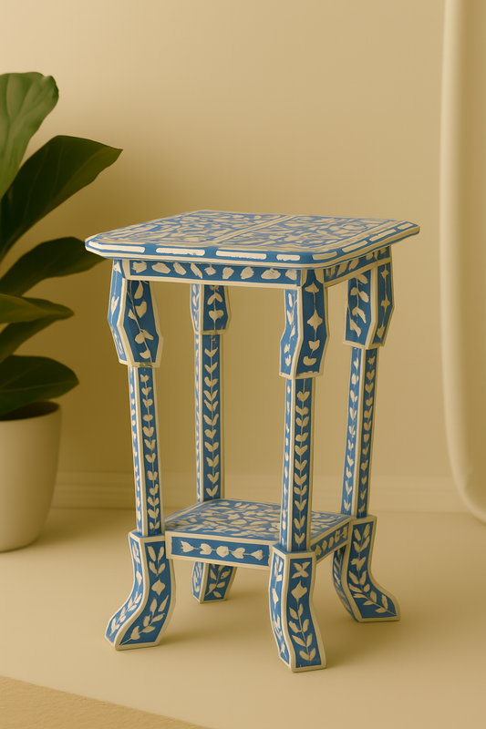 Elegant Blue Bone Inlay Side Table – Boho Accent Piece, Plant Stand & Decorative Home Storage for Modern Interiors