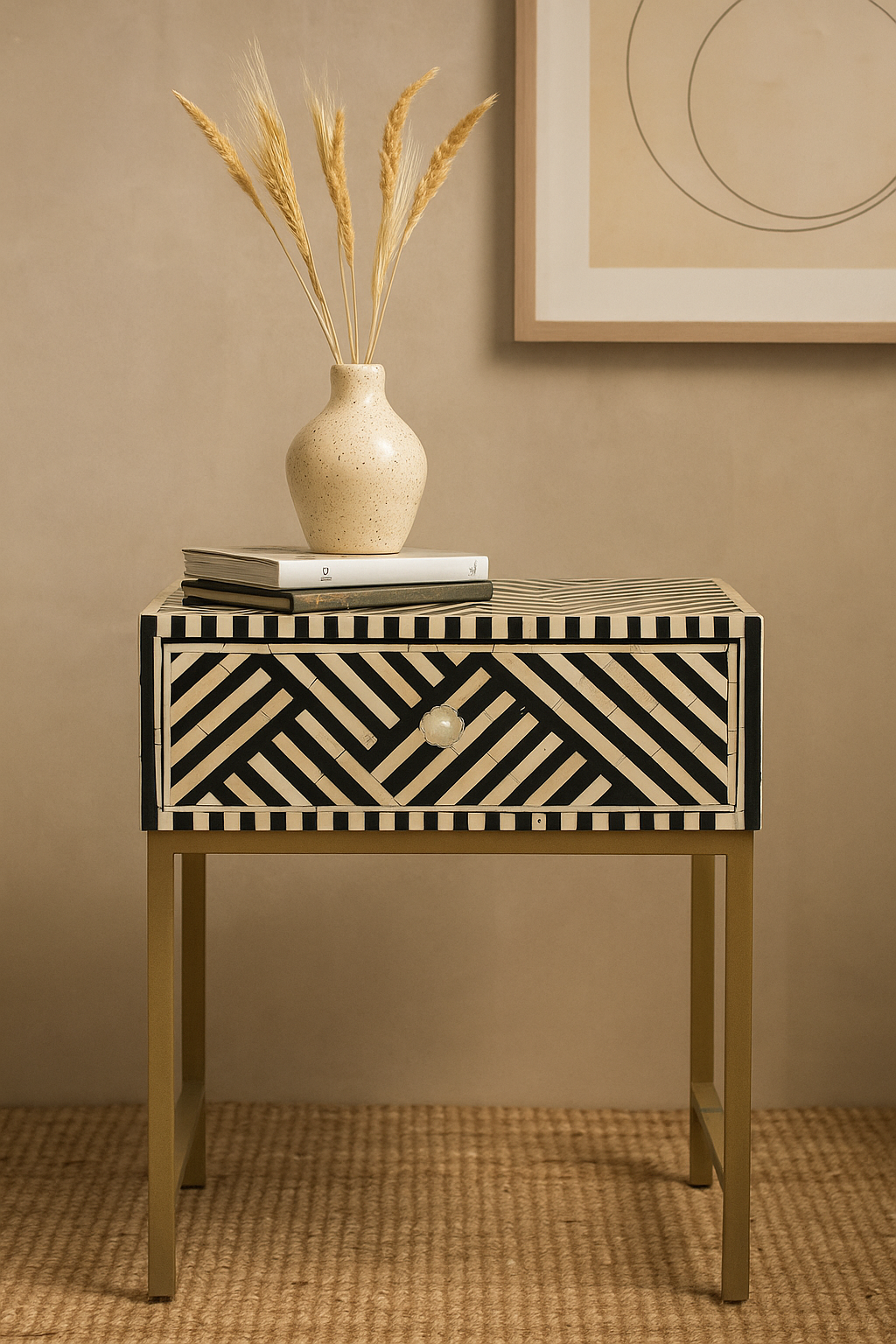 Handcrafted Black & White Bone Inlay Bedside Table with Drawer – Modern Geometric Nightstand Accent Furniture