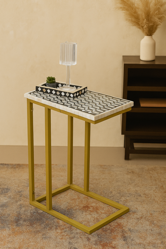 Handcrafted Black & White Bone Inlay C-Table with Gold Base – Modern Sofa Side Table for Living Room & Bedroom