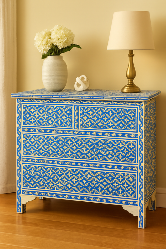 Handcrafted Blue Bone Inlay Dresser Chest – Elegant Storage Cabinet, Boho Home Accent & Stylish Organizer for Modern Interiors