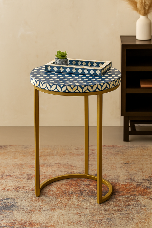 Handcrafted Blue Bone Inlay Side Table with Brass Base – Luxury Accent Table for Living Room & Bedroom Décor