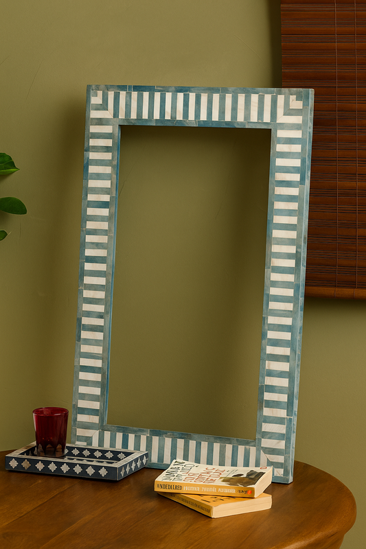 Handcrafted Blue & White Bone Inlay Photo Frame – Decorative Rectangular Frame for Modern & Traditional Home Décor