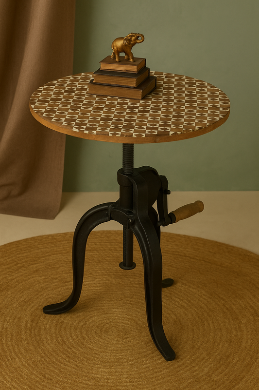 Handcrafted Bone Inlay Industrial Side Table with Adjustable Iron Base – Modern Accent Table for Living Room & Bedroom Décor