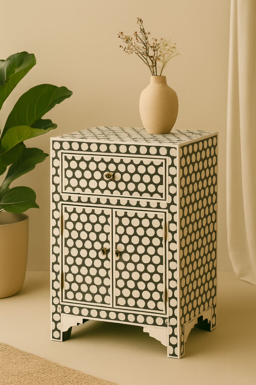 Handcrafted Bone Inlay Polka Dot Side Cabinet – Boho Storage Solution, Bedside Table, Home Accent for Modern Interiors