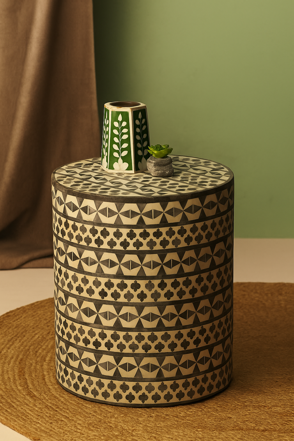 Handcrafted Bone Inlay Side Table with Geometric Design – Modern Accent Stool for Living Room & Bedroom Décor