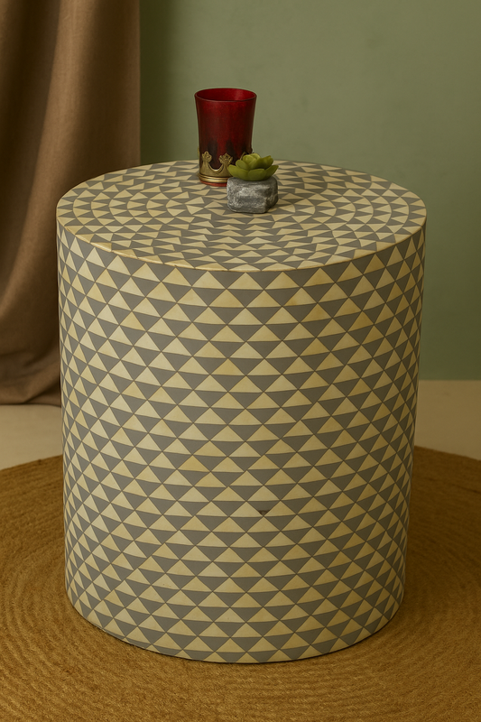 Handcrafted Bone Inlay Side Table with Geometric Triangle Pattern – Modern Accent Stool for Living Room & Bedroom Décor
