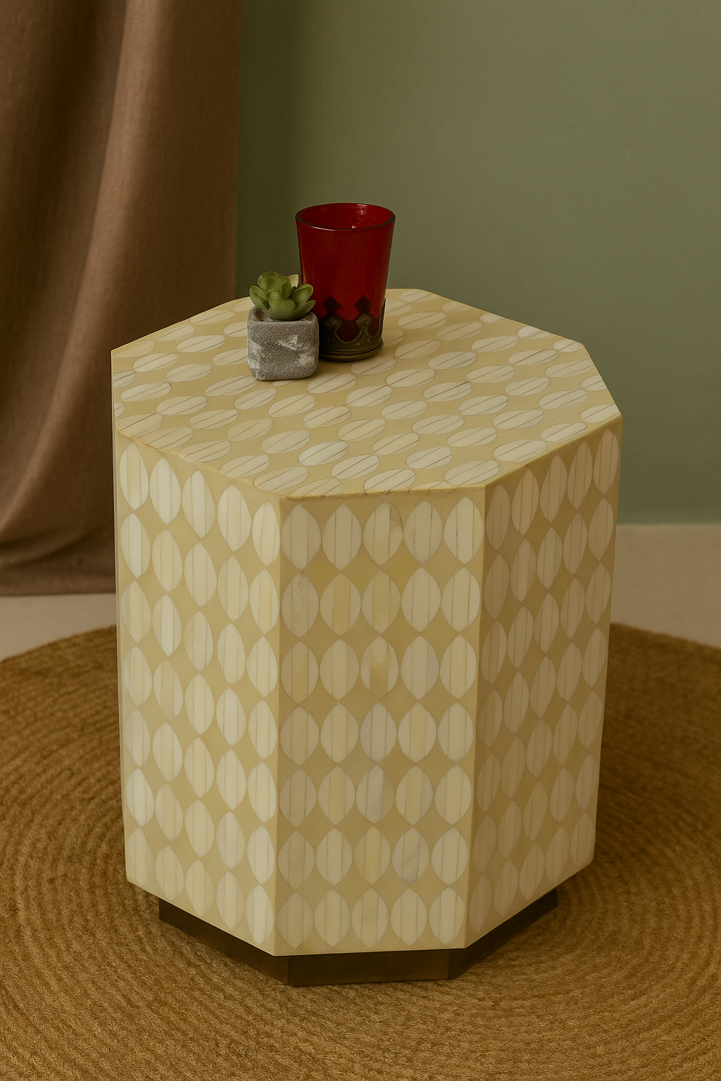 Handcrafted Bone Inlay Side Table with Hexagonal Design – Modern Accent Stool for Living Room & Bedroom Décor