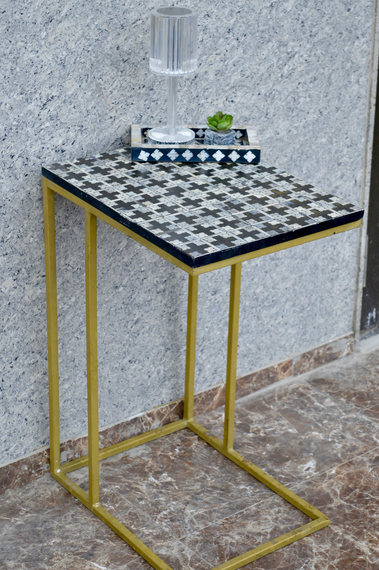 Handcrafted Brown Bone Inlay Side Table with Gold Cross Base – Elegant Accent Table for Living Room & Bedroom