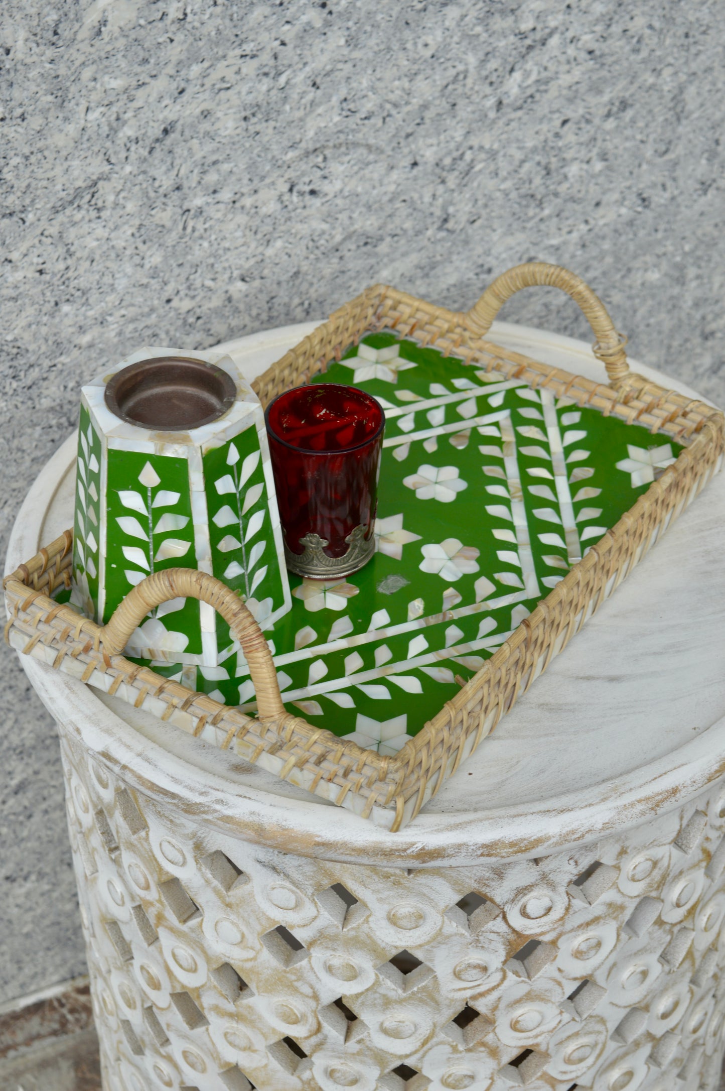 Handcrafted Green Mother of Pearl Inlay Decorative Serving Tray with Woven Frame – Designer Coffee & Tea Tray for Home & Kitchen Décor