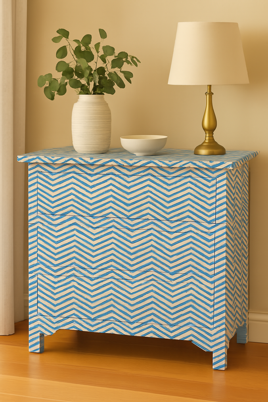 Handmade Blue & White Chevron Bone Inlay Chest of Drawers – Modern Storage Cabinet, Boho Chic Dresser & Stylish Organizer