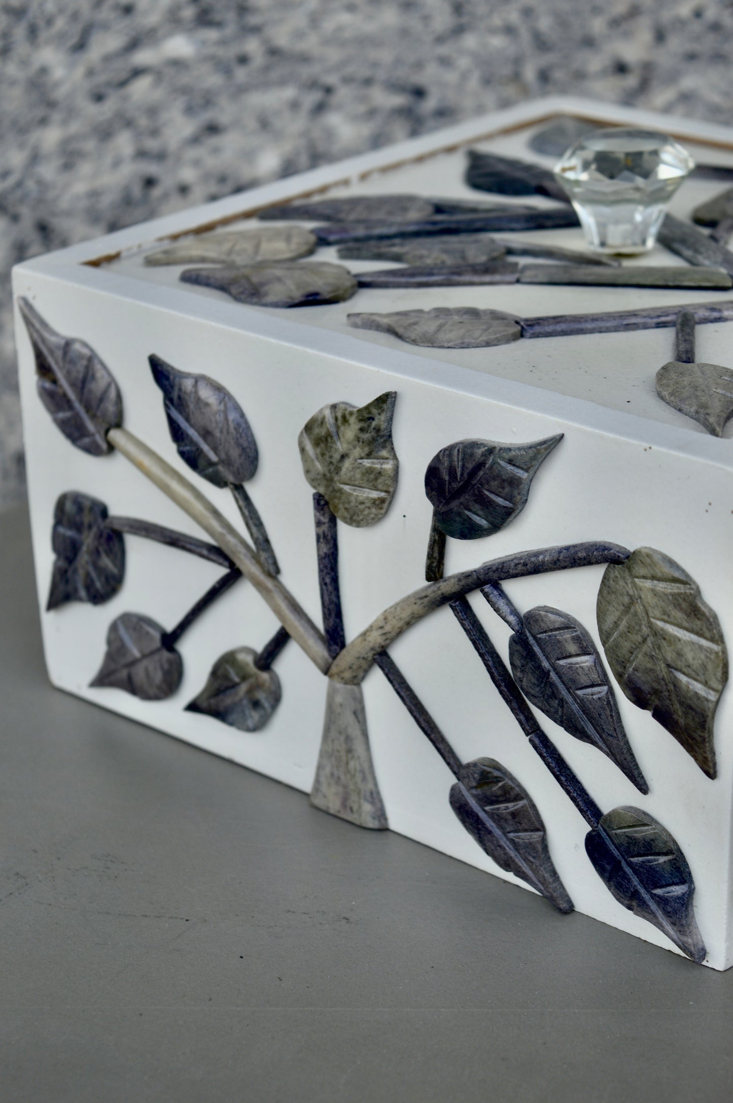 Handcrafted Leaf Inlay Cube Decorative Box with Crystal Knob – White Storage Organizer & Home Accent