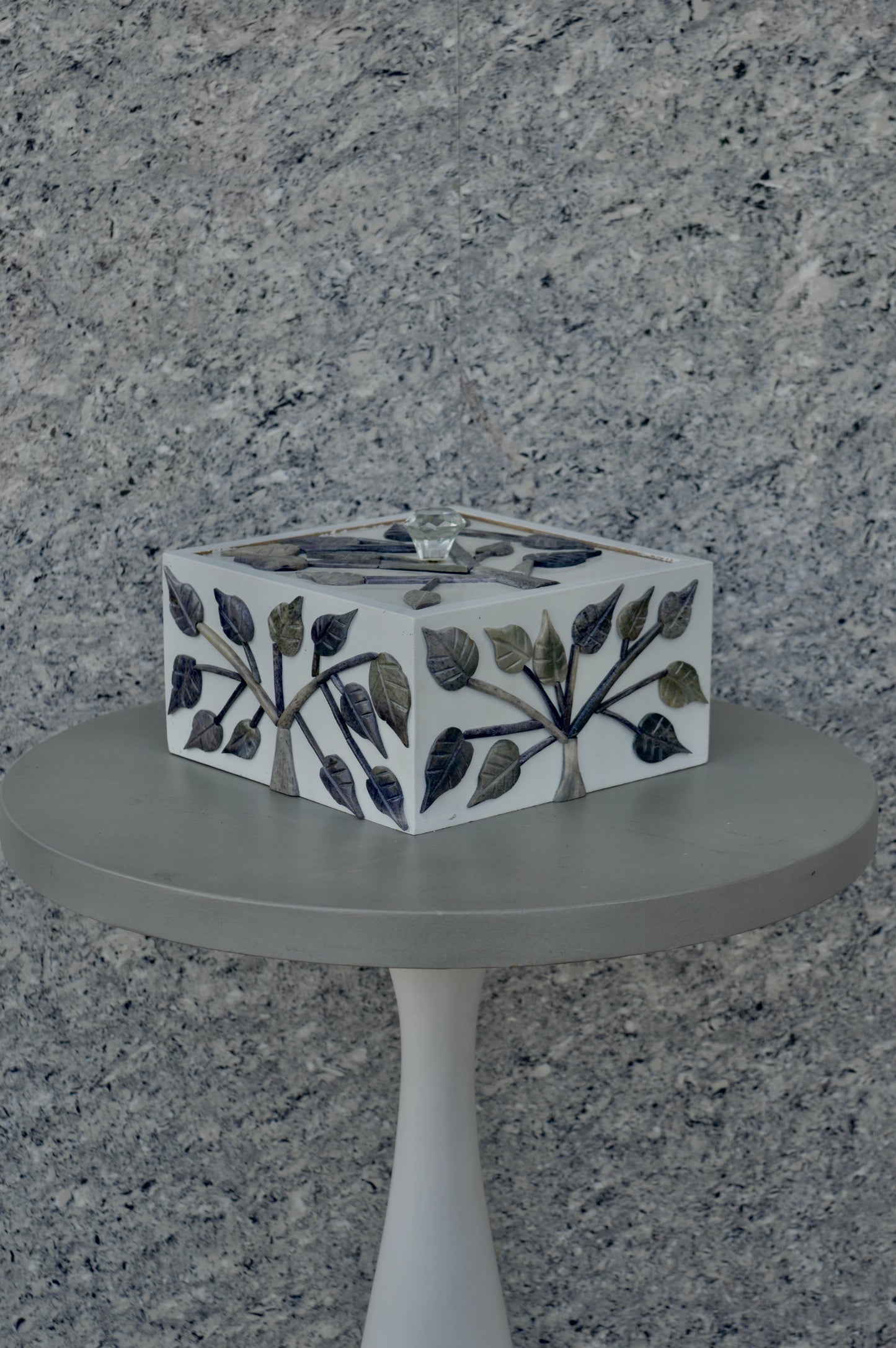 Handcrafted Leaf Inlay Cube Decorative Box with Crystal Knob – White Storage Organizer & Home Accent