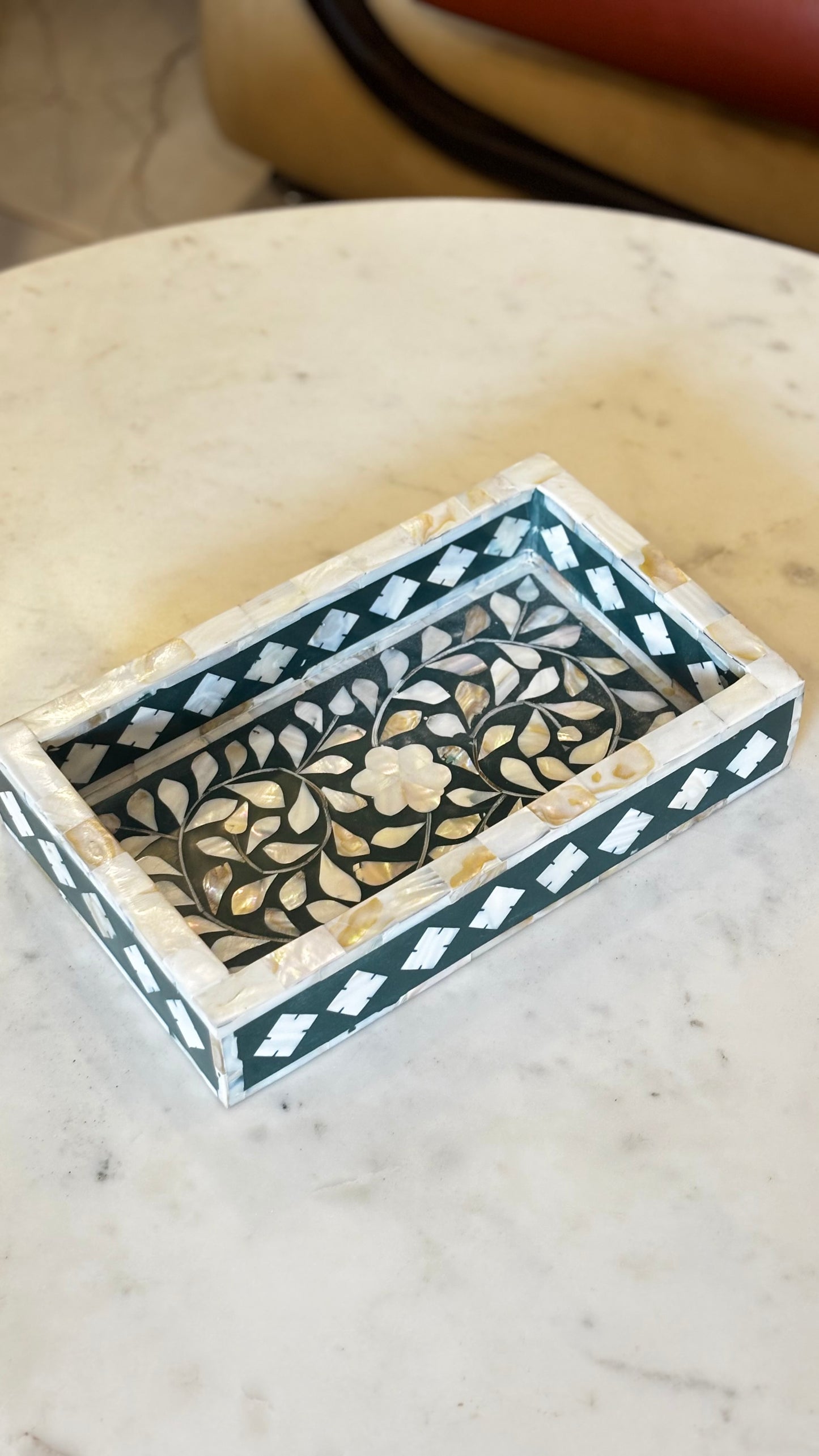 Luxury Mother of Pearl Inlay Decorative Tray Set with Candle Stand & Keepsake Box – Handcrafted Home Décor