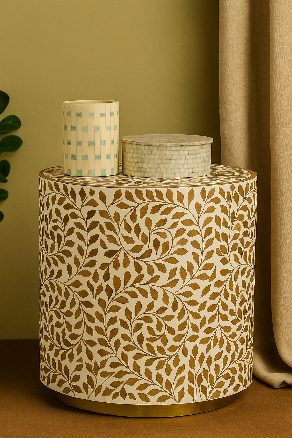 Luxury Round Bone Inlay Side Table with Floral Vine Pattern – Handcrafted Decorative Accent Table for Living Room & Bedroom