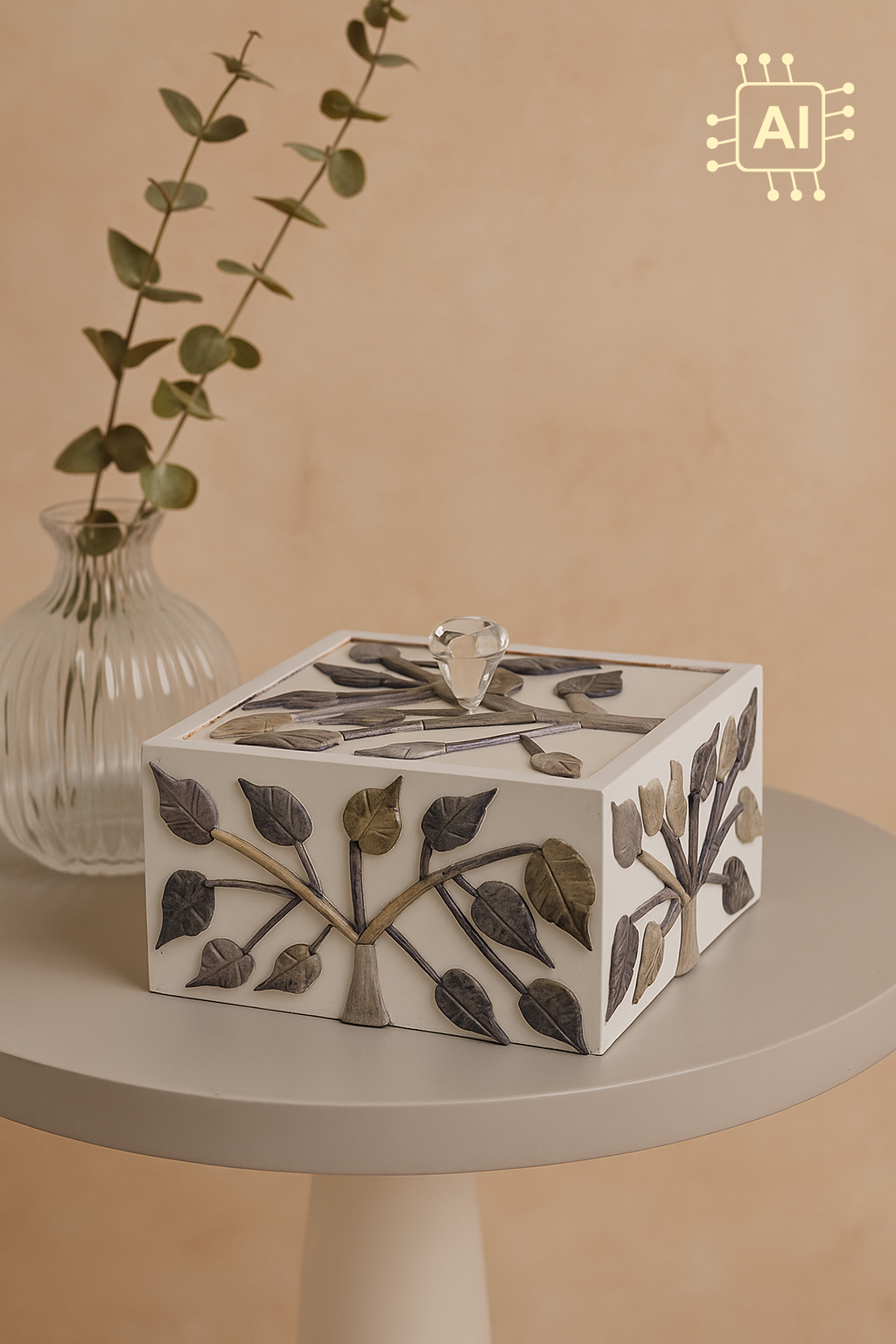 Handcrafted Leaf Inlay Cube Decorative Box with Crystal Knob – White Storage Organizer & Home Accent