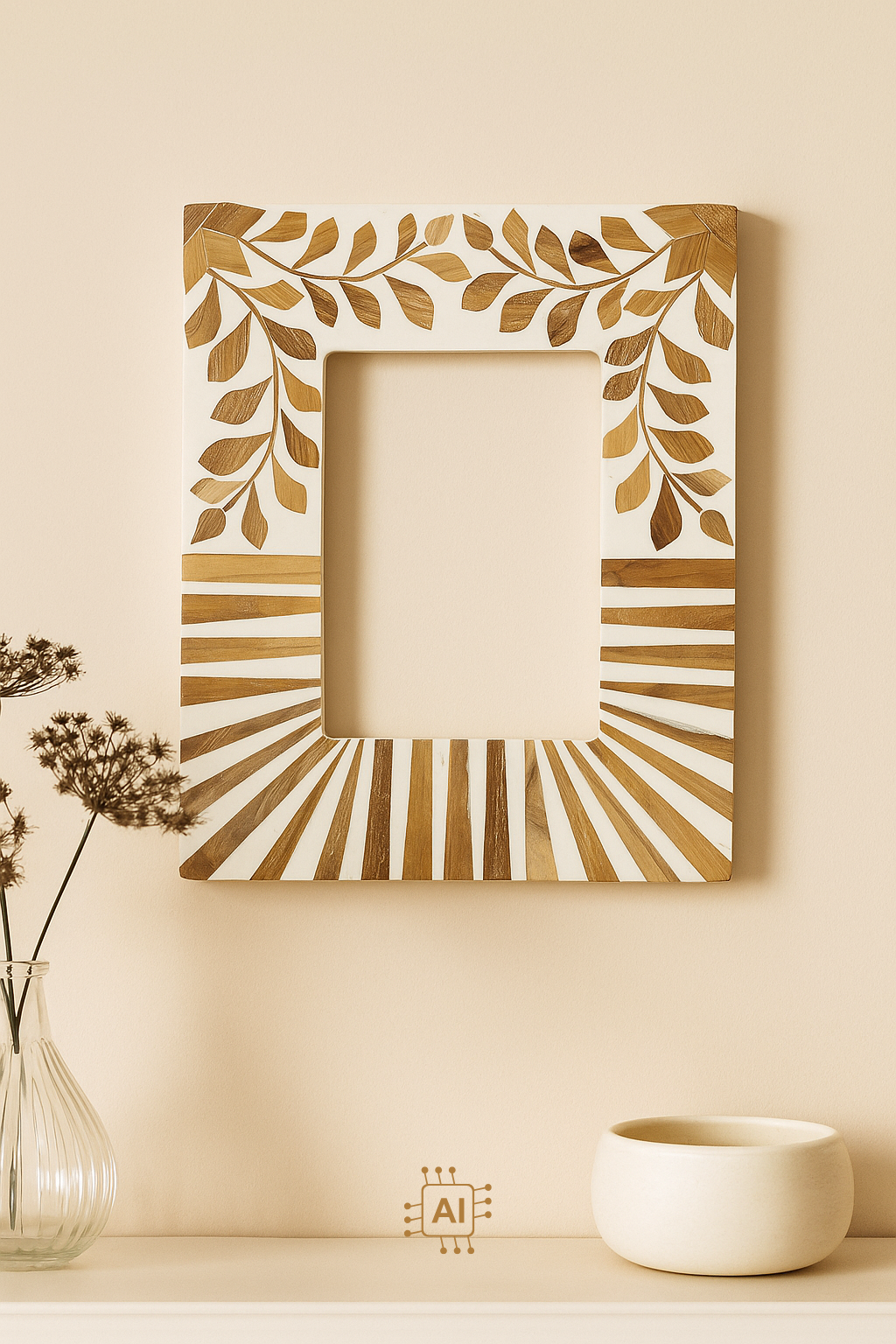 Handcrafted Bone Inlay Photo Frame – White & Natural Leaf Design for Elegant Home Décor