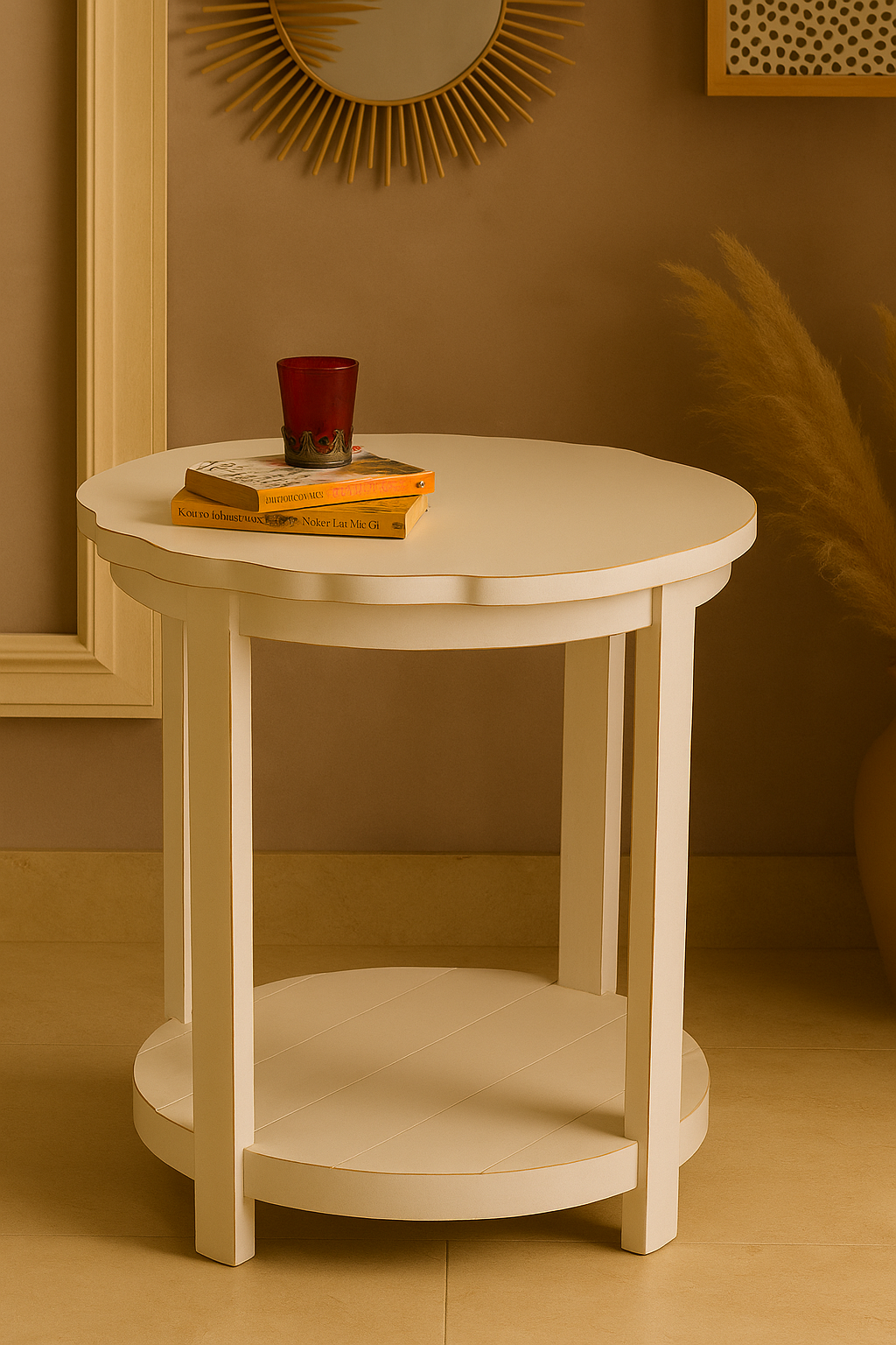 White Wooden Round Side Table with Lower Shelf – Rustic Modern End Table for Living Room & Bedroom