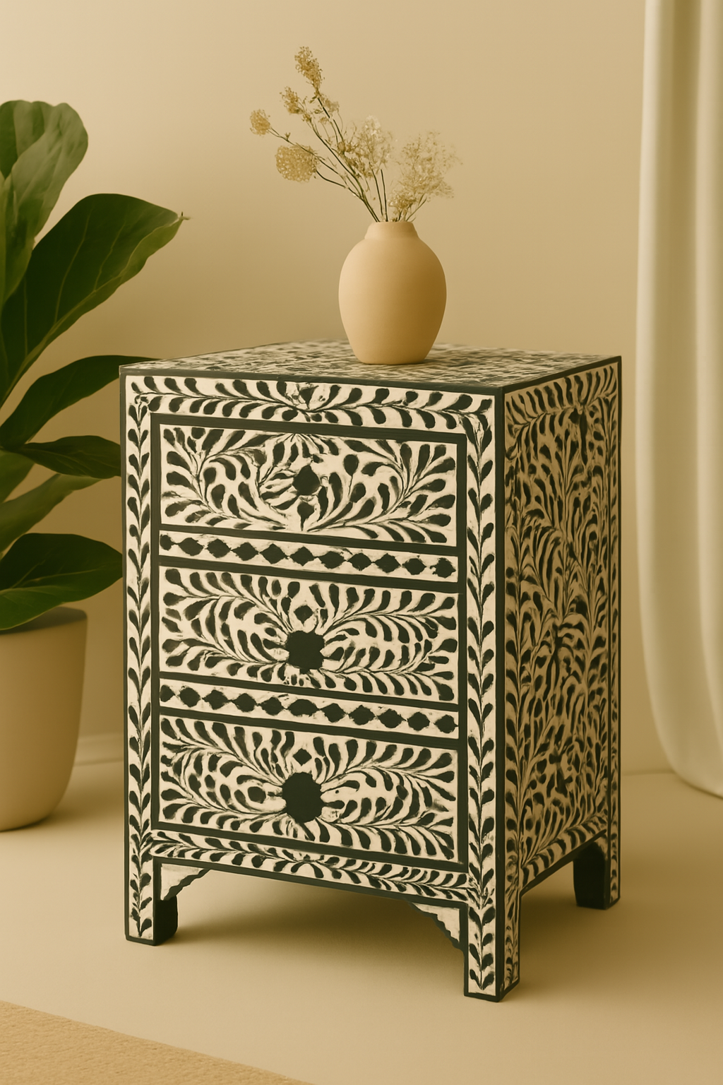 Artistic Bone Inlay Floral Pattern 3-Drawer Cabinet – Boho Storage Solution, Bedside Table & Decorative Home Accent for Modern Interiors
