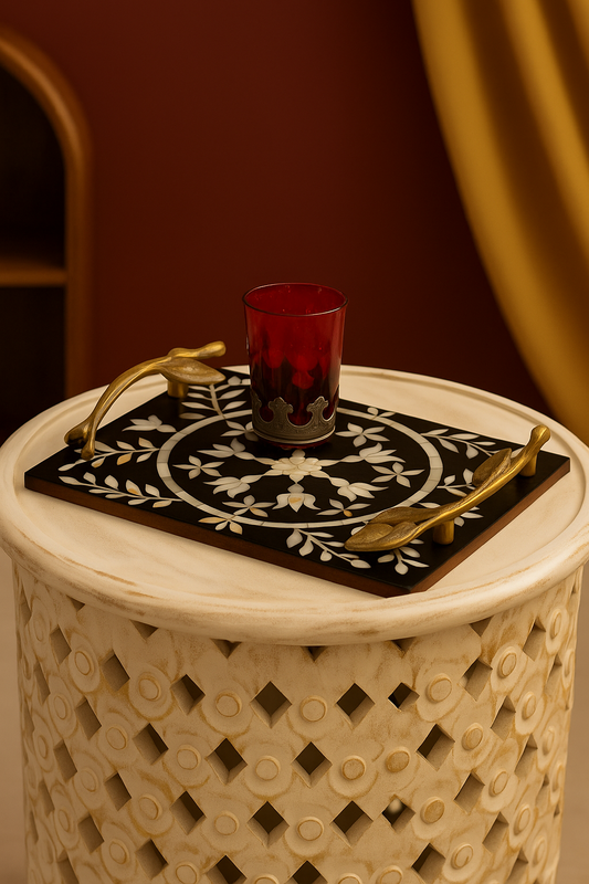 Luxury Black Mother of Pearl Inlay Decorative Serving Tray with Golden Leaf Handles – Designer Coffee & Tea Table Tray for Home Décor