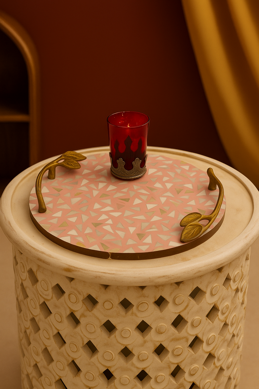 Luxury Round Pink Mother of Pearl Inlay Decorative Serving Tray with Golden Leaf Handles – Designer Coffee & Tea Table Tray for Home Décor
