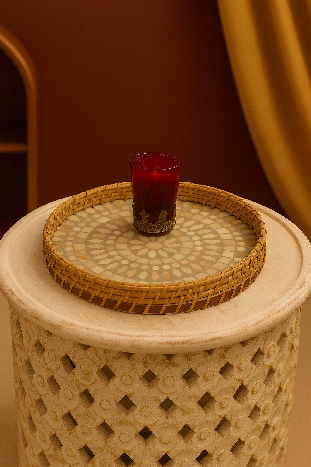 Round Marble Inlay Tray with Wicker Border | Handcrafted Home Décor
