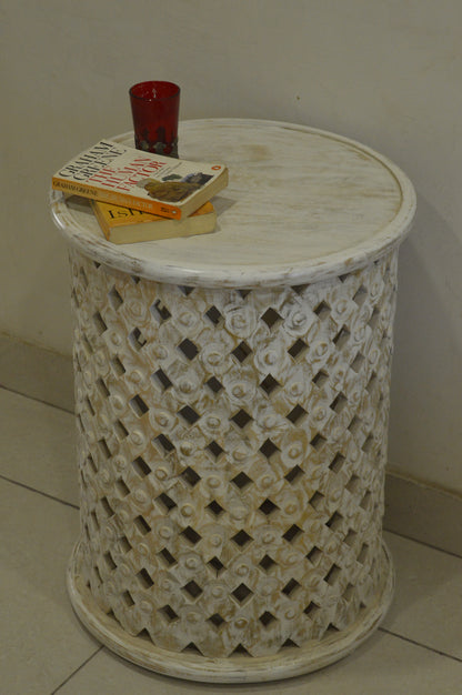 Handcrafted Carving Side Table – White Distress Finish Accent Furniture for Modern & Vintage Homes