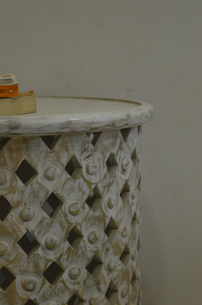 Handcrafted Carving Side Table – White Distress Finish Accent Furniture for Modern & Vintage Homes