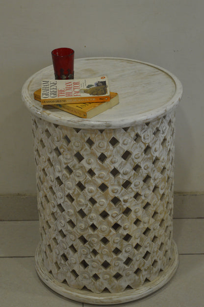 Handcrafted Carving Side Table – White Distress Finish Accent Furniture for Modern & Vintage Homes