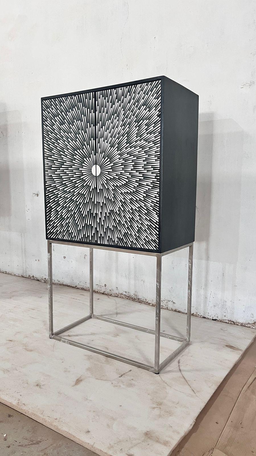 Designer Sunburst Bone Inlay Cabinet with Modern Metal Base – Luxury Storage & Bar Unit
