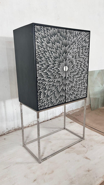 Designer Sunburst Bone Inlay Cabinet with Modern Metal Base – Luxury Storage & Bar Unit