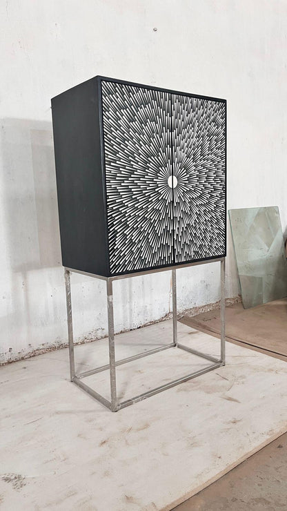 Designer Sunburst Bone Inlay Cabinet with Modern Metal Base – Luxury Storage & Bar Unit