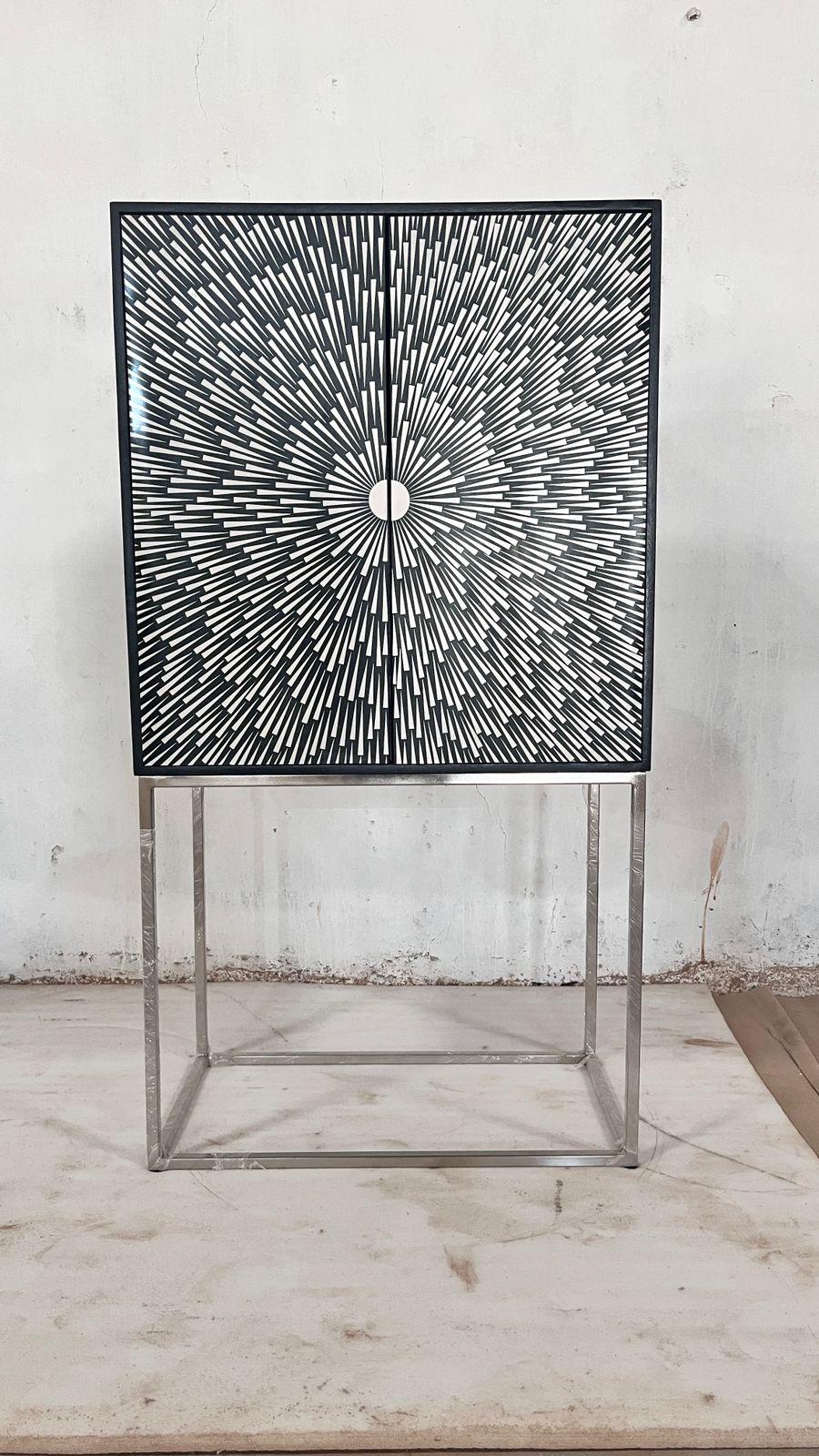 Designer Sunburst Bone Inlay Cabinet with Modern Metal Base – Luxury Storage & Bar Unit
