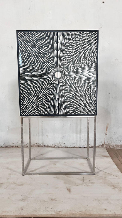 Designer Sunburst Bone Inlay Cabinet with Modern Metal Base – Luxury Storage & Bar Unit
