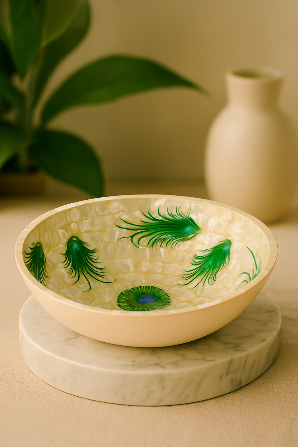 Elegant Mother-of-Pearl Decorative Bowl with Peacock Feather Design – Luxury Home Accent, Centerpiece, Jewelry Holder & Gift Item
