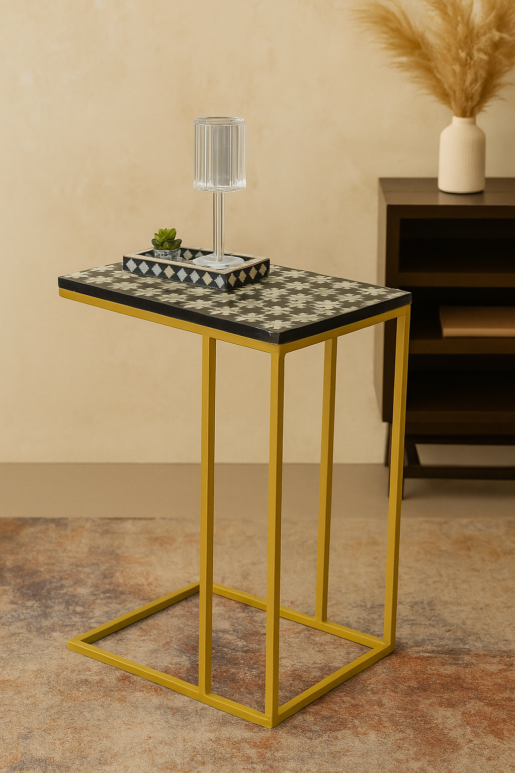 Handcrafted Black Bone Inlay C-Table with Gold Base – Luxury Sofa Side Table for Living Room & Bedroom