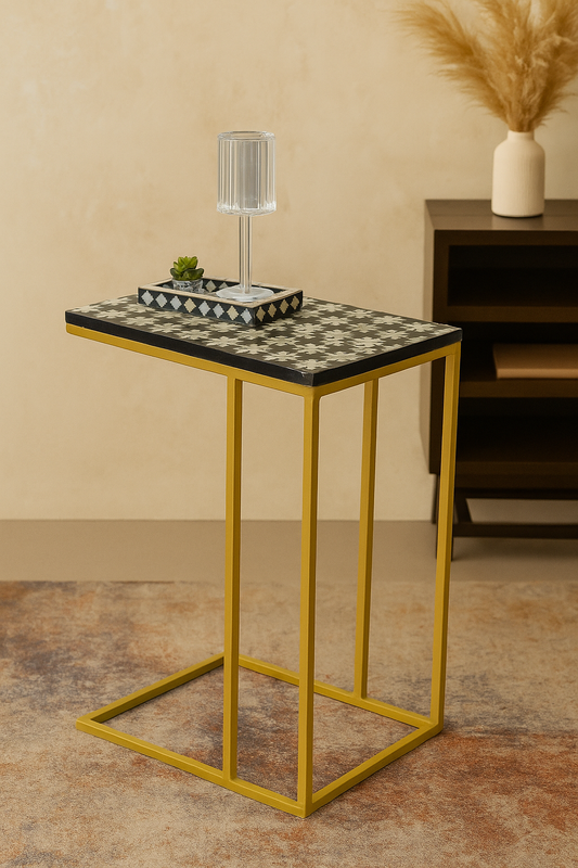Handcrafted Black Bone Inlay C-Table with Gold Base – Luxury Sofa Side Table for Living Room & Bedroom