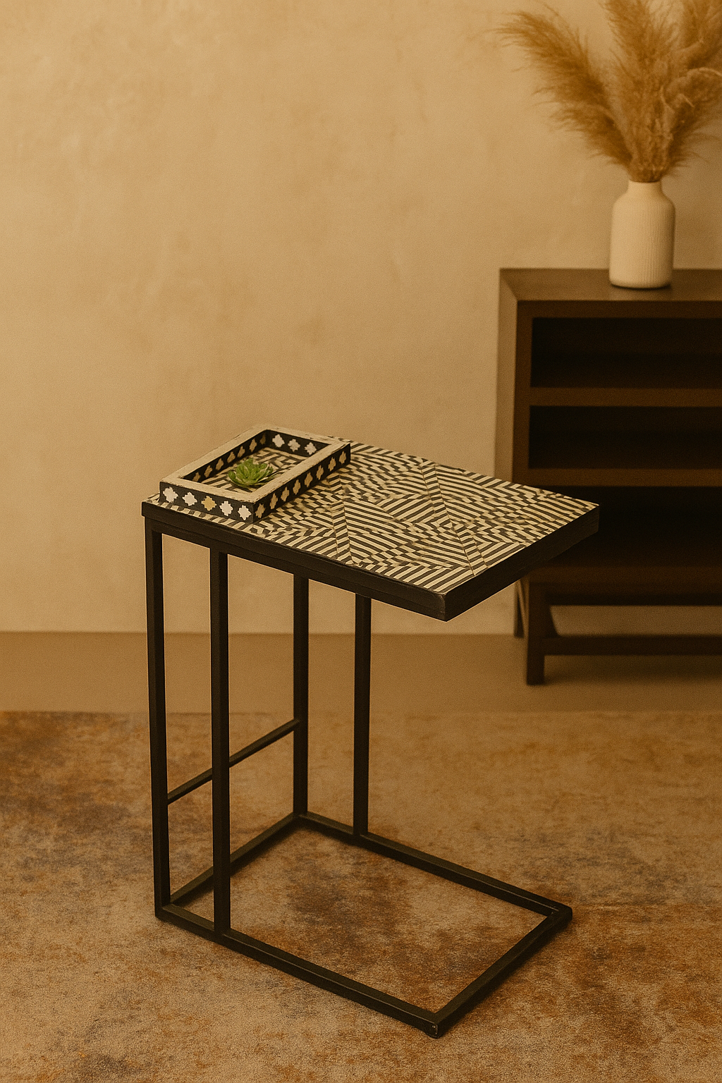 Handcrafted Black & White Bone Inlay C-Table with Iron Base – Modern Accent Table for Sofa & Bedroom