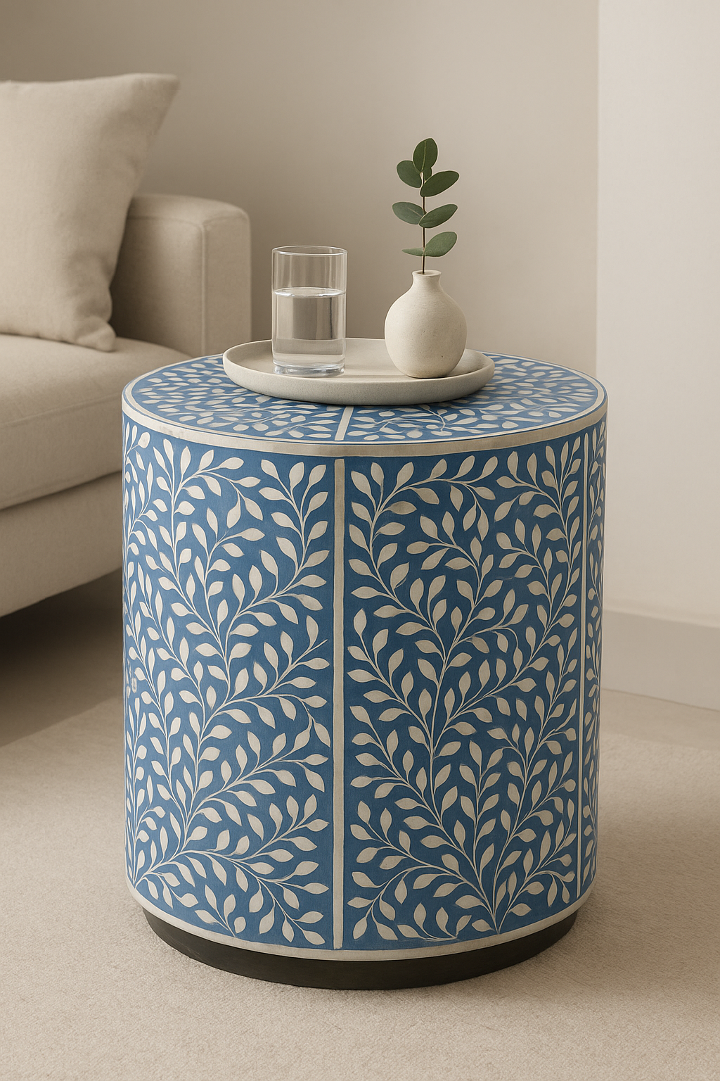 Handcrafted Blue Bone Inlay Round Side Table – Floral Leaf Pattern Accent Furniture for Living Room & Bedroom