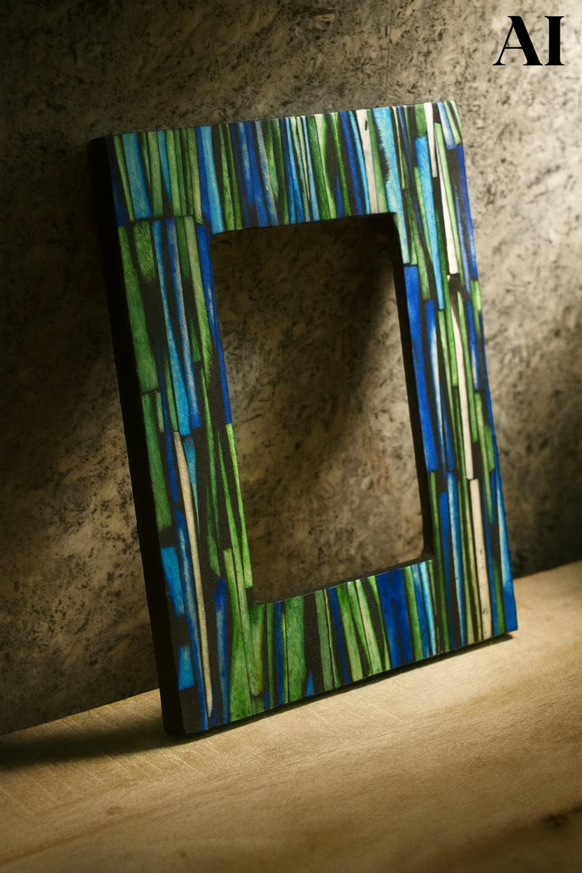 Handcrafted Blue & Green Striped Art Photo Frame – Premium Resin Decorative Frame for Table & Wall | Modern Artistic Home Décor