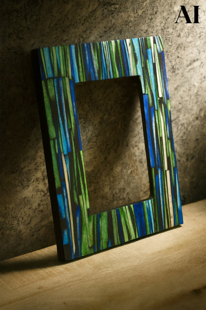 Handcrafted Blue & Green Striped Art Photo Frame – Premium Resin Decorative Frame for Table & Wall | Modern Artistic Home Décor