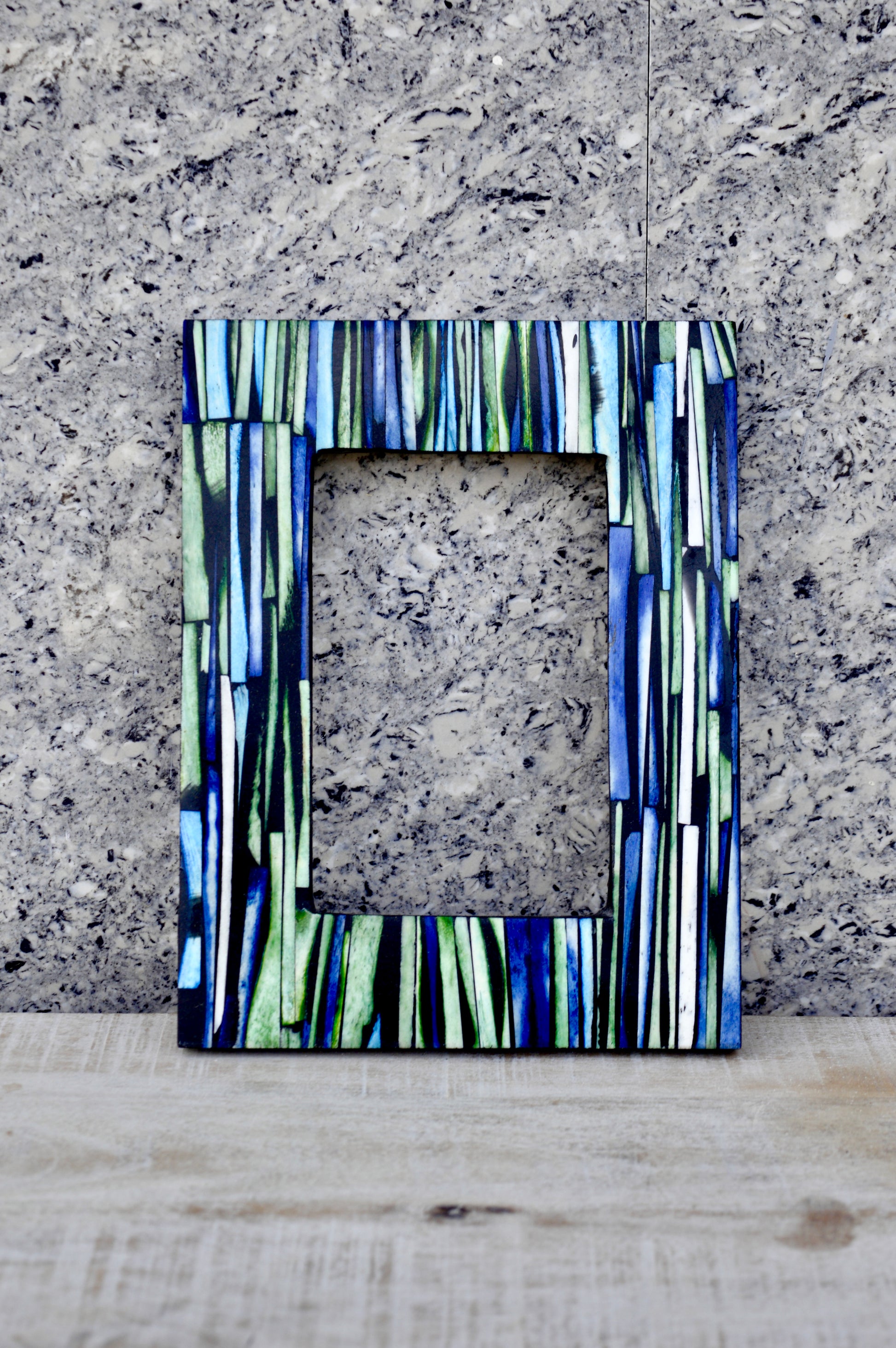 Handcrafted Blue & Green Striped Art Photo Frame – Premium Resin Decorative Frame for Table & Wall | Modern Artistic Home Décor