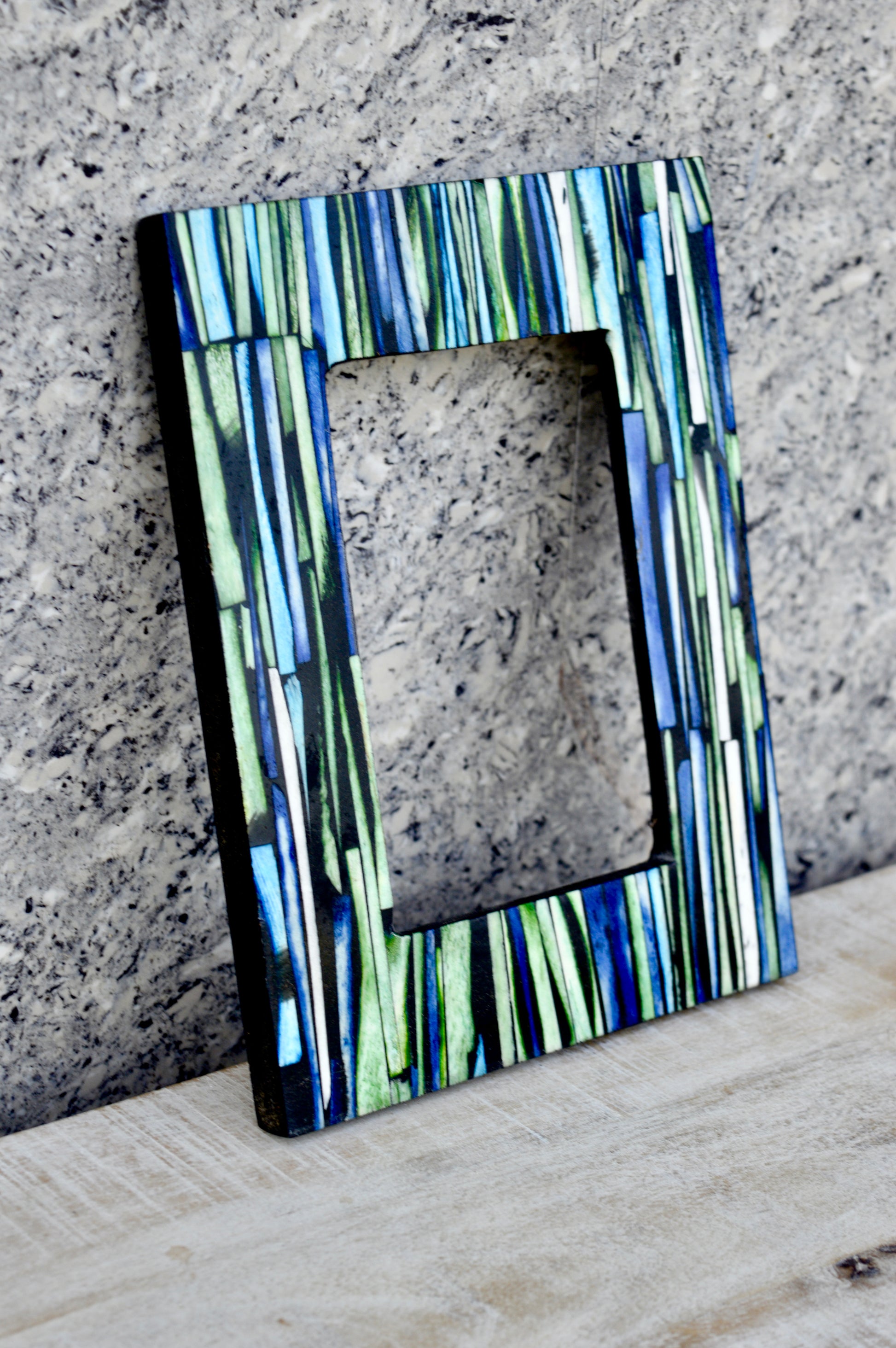 Handcrafted Blue & Green Striped Art Photo Frame – Premium Resin Decorative Frame for Table & Wall | Modern Artistic Home Décor