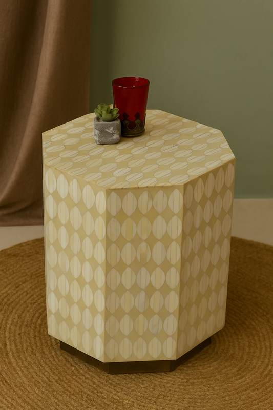 Handcrafted Bone Inlay Side Table with Hexagonal Design – Modern Accent Stool for Living Room & Bedroom Décor