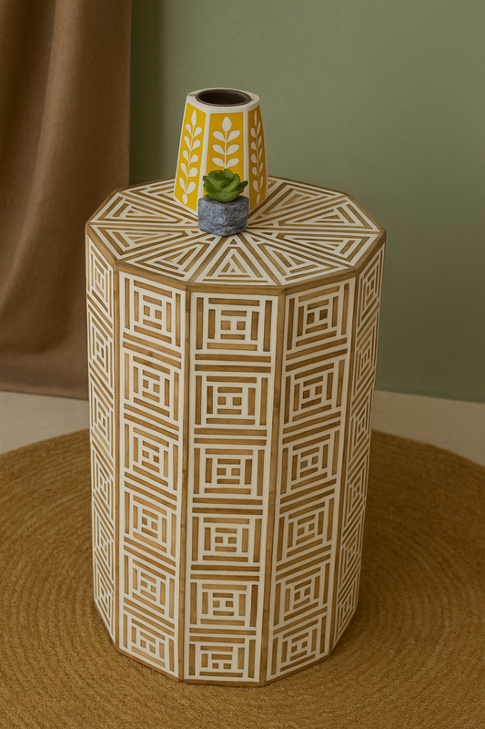 Handcrafted Bone Inlay Side Table with Maze Pattern – Geometric Accent Stool for Living Room & Bedroom Décor