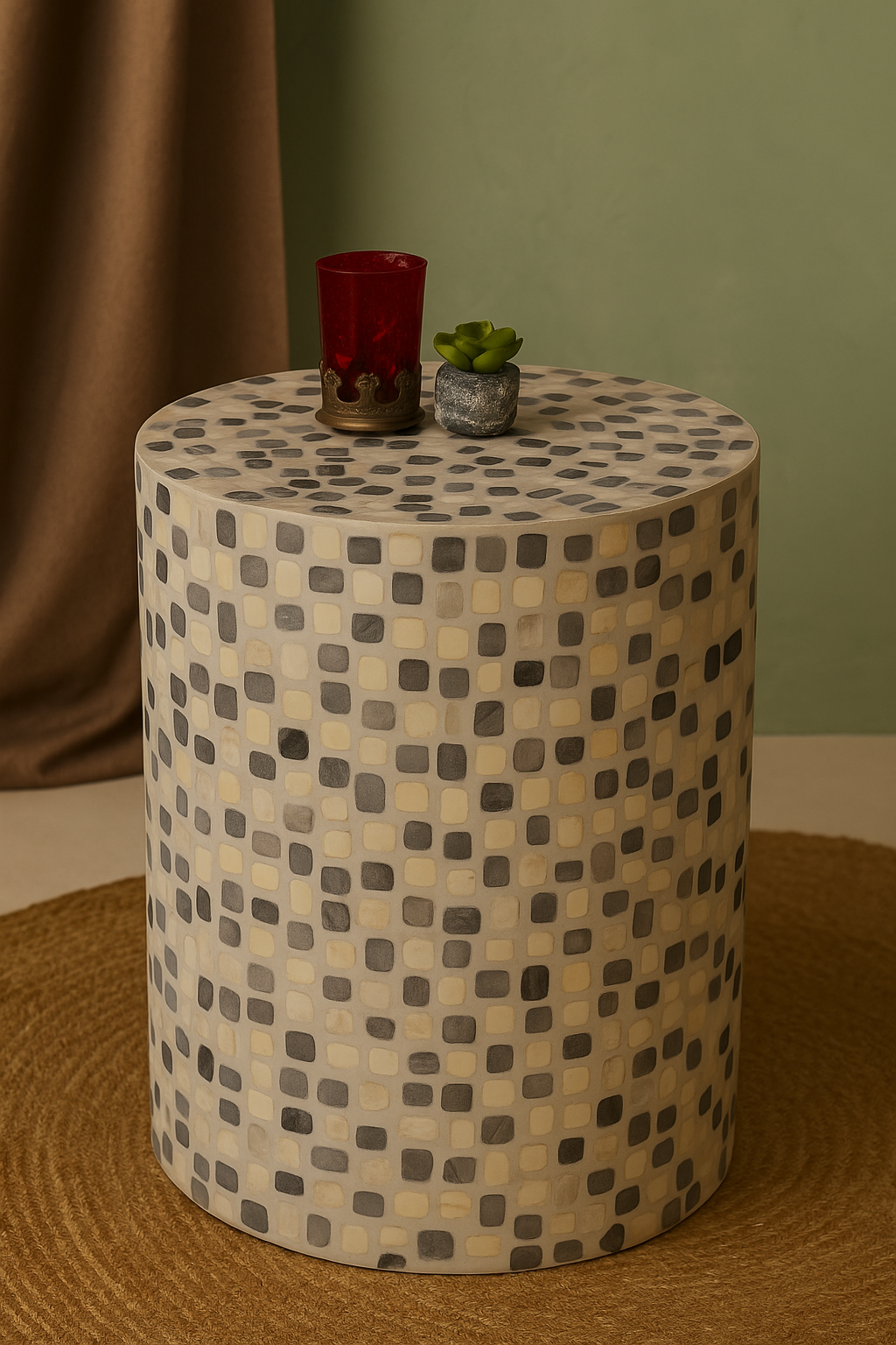 Handcrafted Bone Inlay Side Table with Mosaic Square Pattern – Modern Accent Stool for Living Room & Bedroom Décor