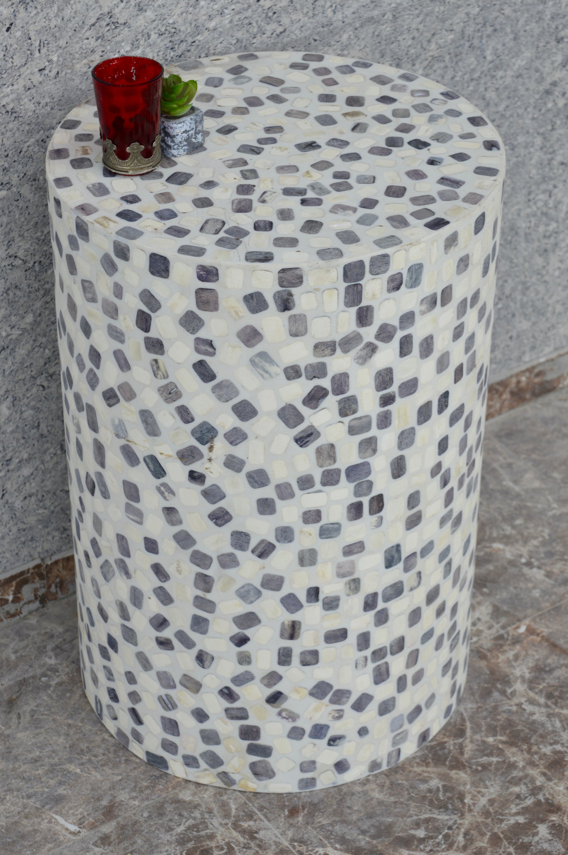 Handcrafted Bone Inlay Side Table with Mosaic Square Pattern – Modern Accent Stool for Living Room & Bedroom Décor